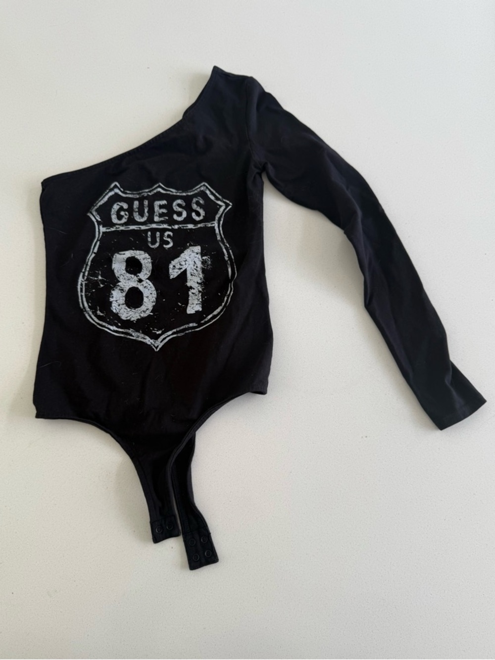 Guess Black One-Shoulder Graphic Bodysuit with Shield Print